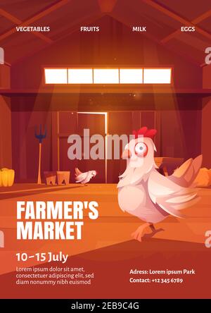 Farmers market poster with illustration of hen in wooden barn. Vector flyer of agriculture fair for sale harvest and food from farms. Cartoon interior of shed with chickens, hay and fork Stock Vector