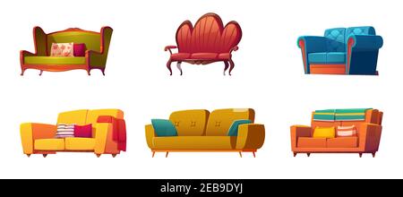 Cartoon couches and sofas furniture isolated set. Classic and modern design made of leather, fabric, buttoned quilted upholstery with pillows, interior objects on white background, vector illustration Stock Vector