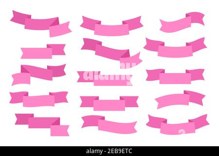 Set of pink flat ribbons isolated on white background. Ribbon banner vector illustration. Stock Vector