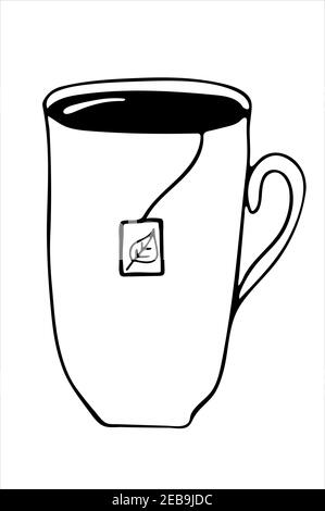 White mug with a spoon and a tea bag lable with a leaf. Isolated hand drawn vector illustration in black and white. Stock Vector