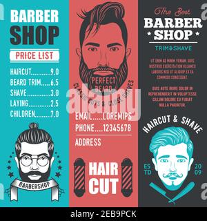 Barber shop vertical banners with list of services and bearded men emblem vector illustration Stock Vector