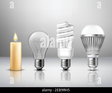 Realistic light evolution concept from candle to modern led bulb on glassy surface isolated vector illustration Stock Vector