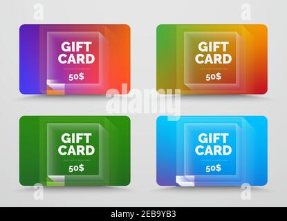 set of vector gift cards with soft multicolored gradients and square design elements of white and color strokes. Templates for business. Stock Vector