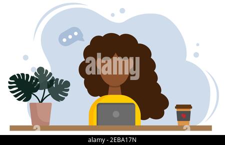 African american woman works remotely from her home. Work at home. Freelance character sits at table with laptop and coffee. Freelance, online studyin Stock Vector