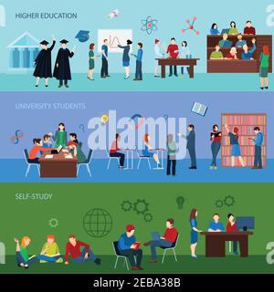 University horizontal banners with students learning teaching research and graduation in flat style vector illustration Stock Vector