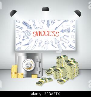 Wealth realistic template with metal closed safe dollar banknotes gold coins blackboard spotlights isolated vector illustration Stock Vector