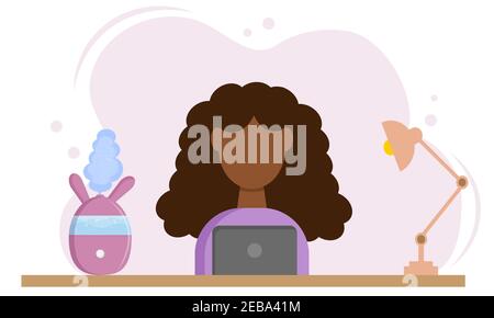 Ultrasonic air humidifier with woman who is working at home. Work at home. Home appliances for a healthy lifestyle. Modern vector illustration in flat Stock Vector