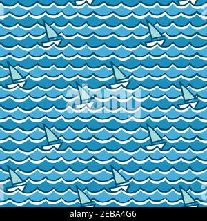 Nautical style vector pattern with sailboats in the sea. Stock Vector