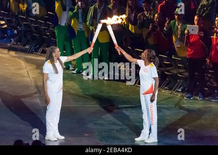 Torch relay inside Rogers Centre during the opening ceremony of the Toronto PanAm games 2015 Stock Photo
