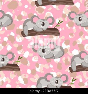 Seamless pattern with cute koala baby on colorful camouflage background. Funny australian animals. Card, postcards for kids. Flat vector illustration Stock Vector