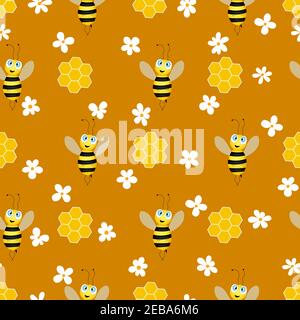 Seamless pattern with bees and honeycombs on brown background. Small wasp. Vector illustration. Adorable cartoon character. Template design for Stock Vector