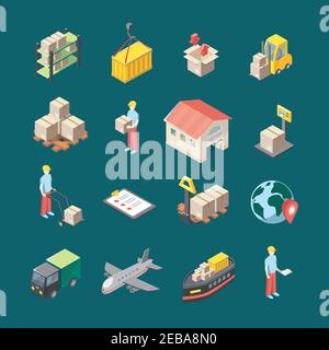 Logistics icons set with cargo delivery symbols on blue background isometric isolated vector illustration Stock Vector