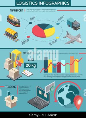 Logistics infographic set with cargo delivery and warehouse symbols isometric vector illustration Stock Vector
