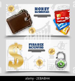Realistic money horizontal banners with leather wallet colorful bank cards padlock dollar sign gold coins vector illustration Stock Vector