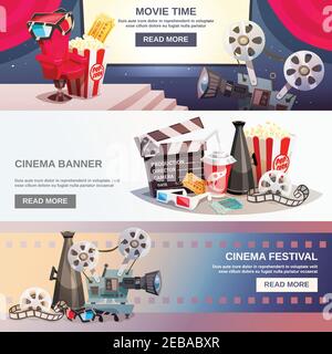 Cinematography flat horizontal banners with movie time and cinema festival design compositions in retro style vector illustration Stock Vector