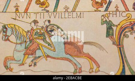 View of print detail from an excerpt of the Bayeux Tapestry showing a scene where William the Conqueror's messengers ride forward carrying dispatches Stock Photo