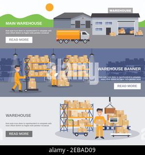 Warehouse inside and outside horizontal banners with workers trucks and goods flat vector illustration Stock Vector