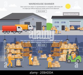 Warehouse horizontal banners with storage workers engaged in loading and unloading of goods flat vector illustration Stock Vector