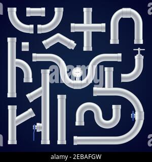 Plastic pipes realistic set on dark blue background isolated vector illustration Stock Vector