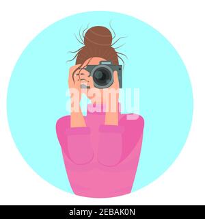 Girl with a camera in her hands. Vector, the girl makes a photo. Taking pictures, the photographer is working. Concept, cartoon. Stock Vector