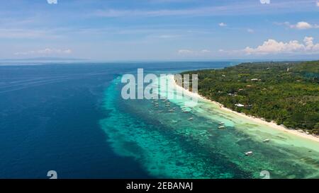 Beautiful sandy beach and turquoise water in Panglao island, Bohol, Philippines. Tropical beach with palm trees. Stock Photo