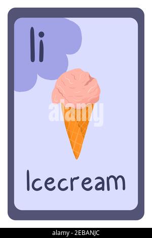 Abc food education flash card, Letter I - icecream. Cartoon design template with colorful alphabet education card. Stock Vector