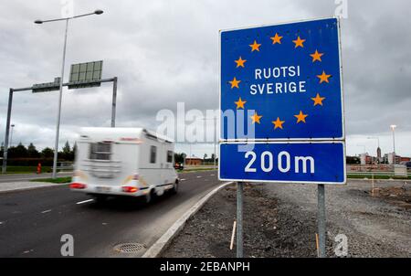 HAPARANDA, SWEDEN- 27 AUGUST 2008: Passport control, at the border with Finland, in Haparanda. A RV from the Finnish side that will go over to Sweden. Stock Photo