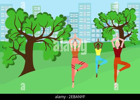 Girls with different skin colors do yoga. Vector, girls go in for sports on the street. Sports lifestyle, morning exercises in the fresh air. Flat ill Stock Vector