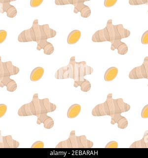 Cartoon asian ginger whole root and sliced seamless pattern for print design. Healthy food background. Decorative graphic element. Stock Vector