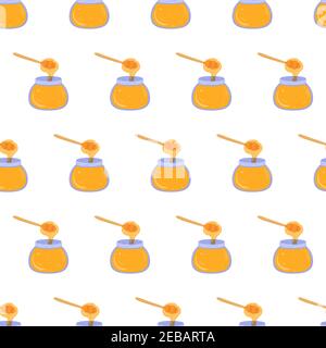 Yellow liquid honey in glass jar with dipper seamless pattern. Beekeeping product. Healthy food. Vector doodle illustration. Stock Vector