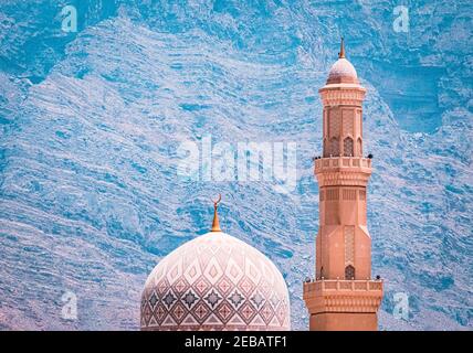 Beautiful white mosque in the mountains in Khasab, Oman Stock Photo