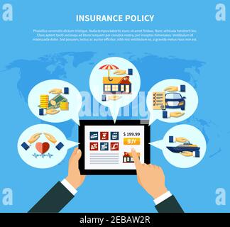 Insurance policy services concept with hands holding tablet and health money property car boat protection vector illustration Stock Vector