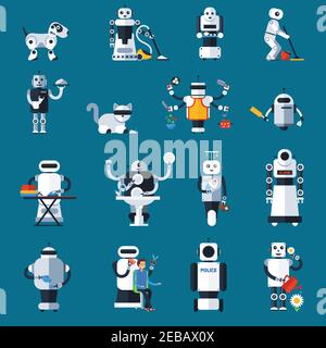 Home robots collection helping and replacing people in different activities in flat style isolated vector illustration Stock Vector