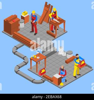 Woodwork people isometric composition with tools on blue background vector illustration Stock Vector