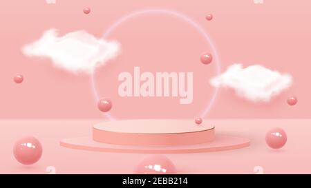 3D rendering of a podium box with balls and clouds. Bouncing balls, pastel backgrounds, podium or pedestal. Vector illustration Stock Vector