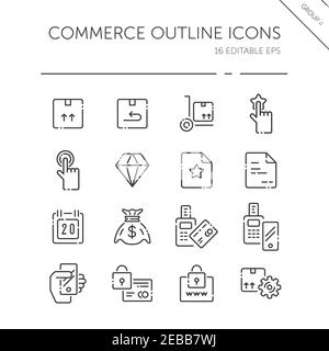 Commerce thin line icon set. Box, diamond, hand, swiping machine, security, money and calendar. Isolated group. Outline vector illustration Stock Vector