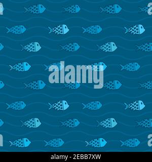 Nautical style vector pattern with fish in the sea. Stock Vector