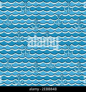 Nautical style vector pattern with anchors and waves. Stock Vector