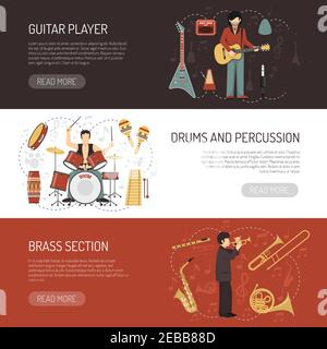 Musicians horizontal banners  with different musical Instruments so as drums percussion guitar and brass flat vector illustration Stock Vector
