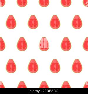 Seamless pattern with pink guava fruit cut in half with yellow seeds. Nature food vector illustration. Organic textile. Healthy food on white background. Stock Vector
