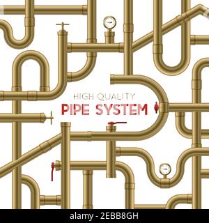 High quality golden pipe system realistic background vector illustration Stock Vector