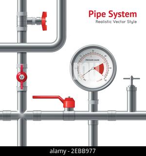 Plastic pipe system with pressure gauge realistic background vector illustration Stock Vector