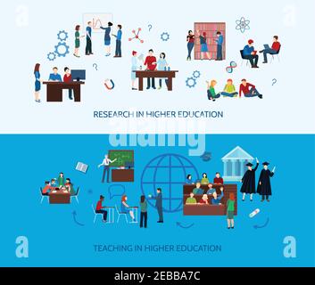 University learning horizontal banners with  studying students and search of information in flat style vector illustration Stock Vector