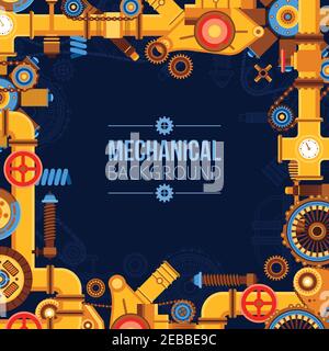 Machinery parts background with metal pipeline gears manufacturing tools chain wheels valves vector illustration Stock Vector