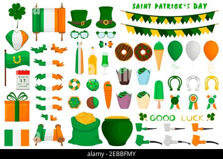 Illustration Irish holiday St Patrick day, gold coins in pot. Big set Irish St Patrick day consisting of pot of gold coins, green hats, much more. Pot Stock Vector