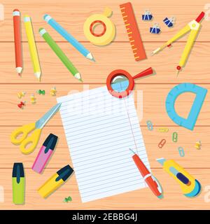 Office supplies background with pencils tape ruler pushpins markers protractor pen scissors compass paperclips magnifier paper vector illustration Stock Vector