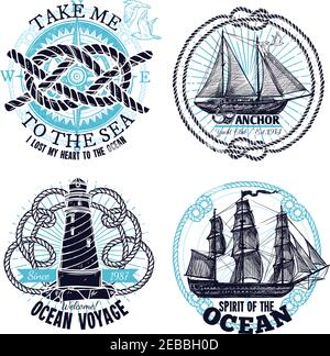 Marine emblems collection with ship wheel rope compass lighthouse in hand drawn style isolated vector illustration Stock Vector