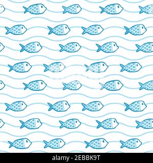 Nautical style vector pattern with fish in the sea. Stock Vector