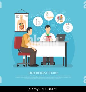 Diabetes treatment vector illustration with patient in doctors office on reception at endocrinologist flat vector illustration Stock Vector