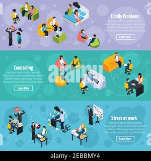 Depression and stress isometric horizontal banners with stressful situations at home and work treatment therapy vector illustration Stock Vector